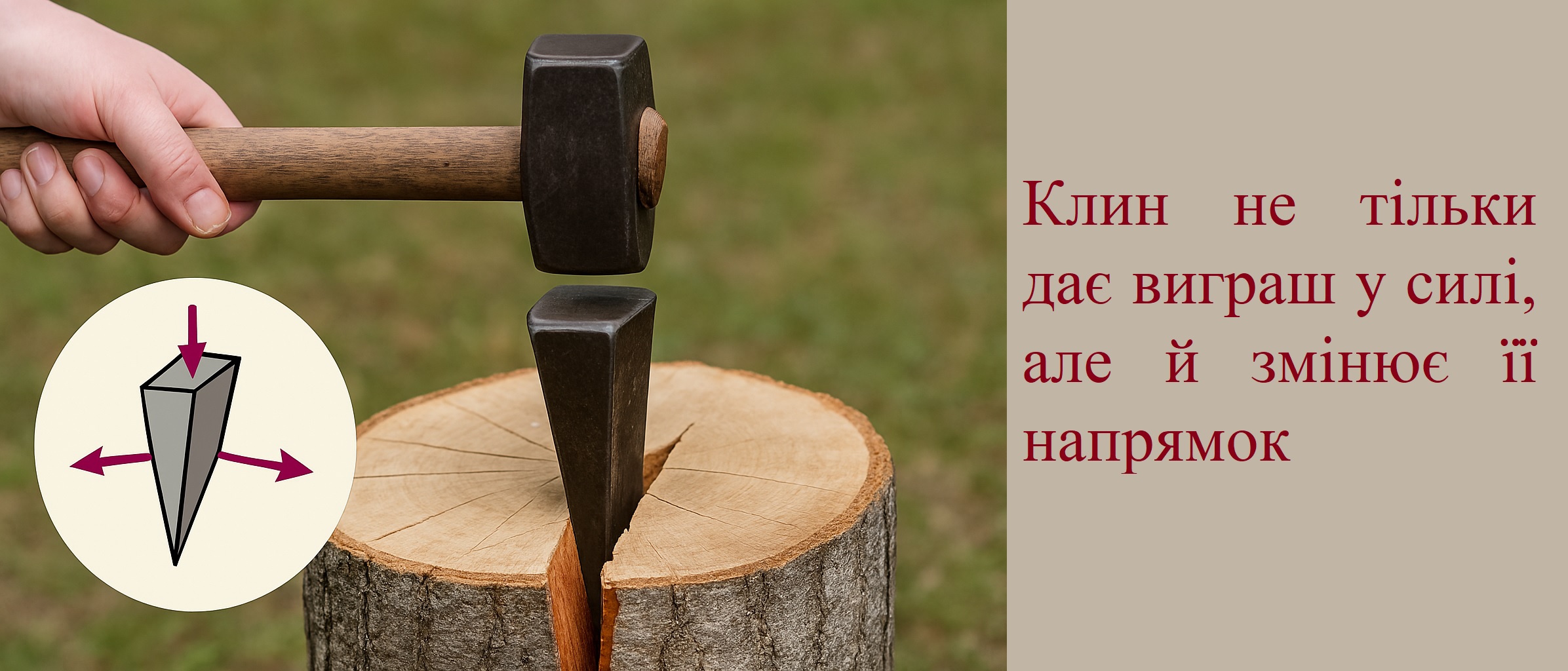 Рука з кувалдою б'є по клину, він розколює колоду