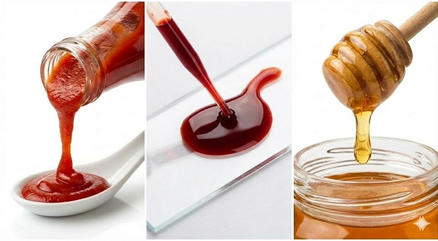 псевдопластичні неньютонівські рідини (кетчуп, фарба, кров, мед)