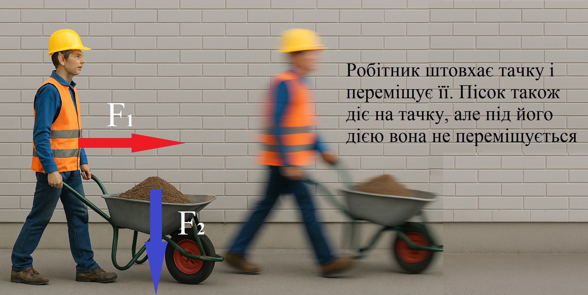Робітник штовхає тачку