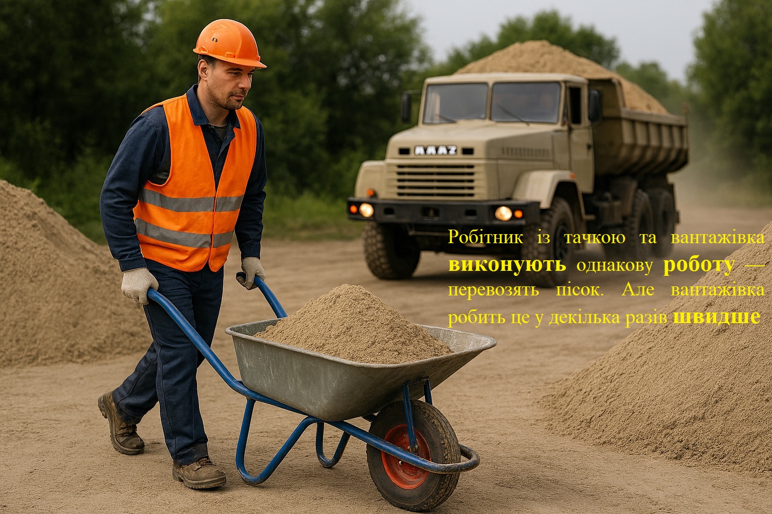 Робітник із тачкою і вантажівка виконують однакову роботу — перевозять пісок