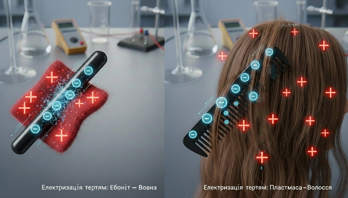 Електризація тертям: Ебоніт — Вовна та Пластмаса - Волосся