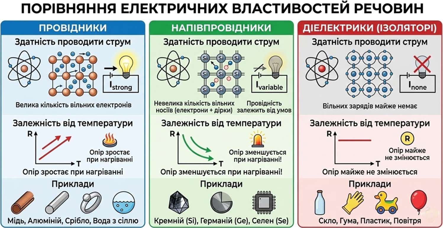 відмінності між провідниками, напівпровідниками і діелектриками